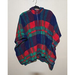 Vtg 70s Charlie's Girls Blue Red Plaid Wool Full Zip Hooded Poncho Womans One Sz